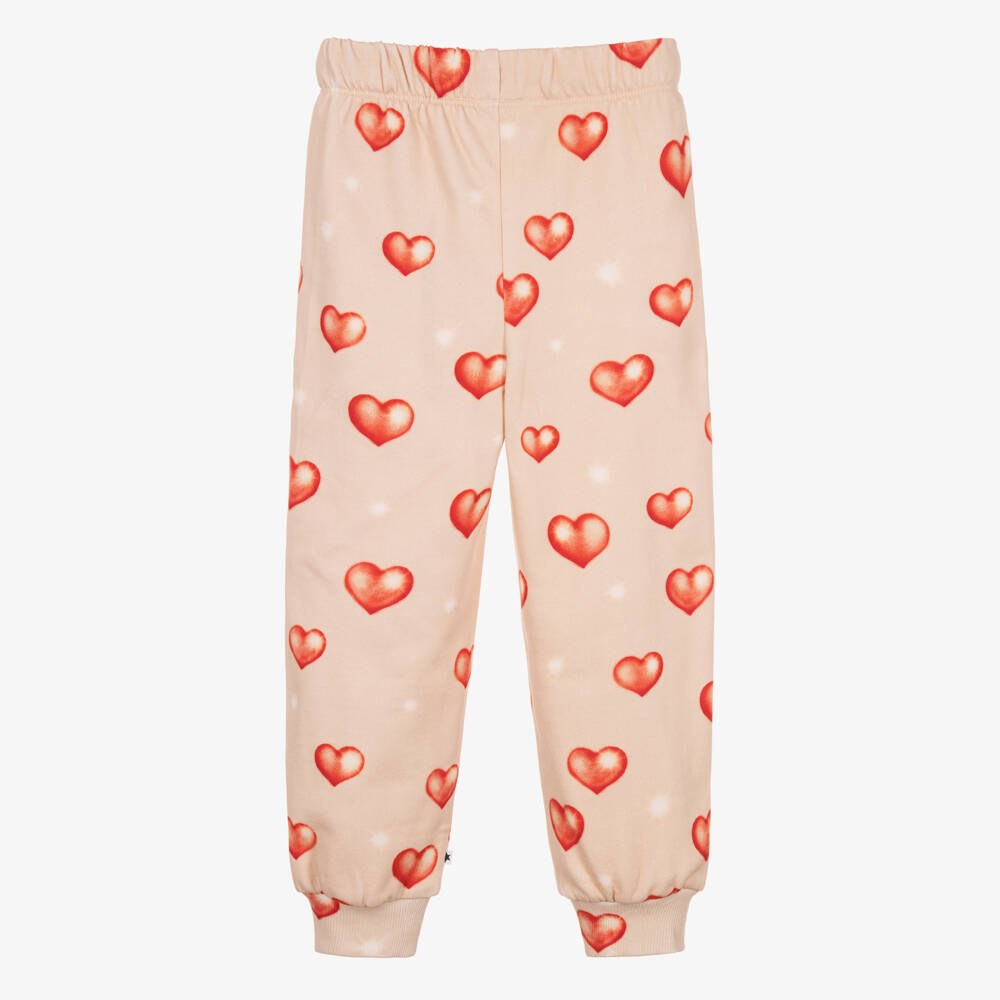 Molo-Girls Pale Pink Cotton Joggers with Heart Print | Childrensalon