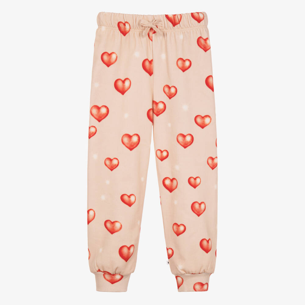 Molo-Girls Pale Pink Cotton Joggers with Heart Print | Childrensalon