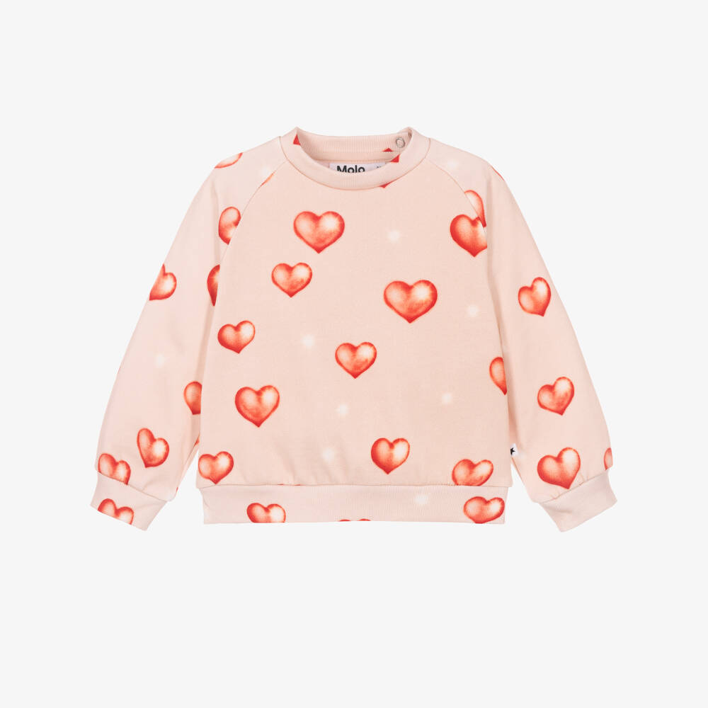 Molo-Girls Pale Pink Cotton Sweatshirt with Heart Print | Childrensalon