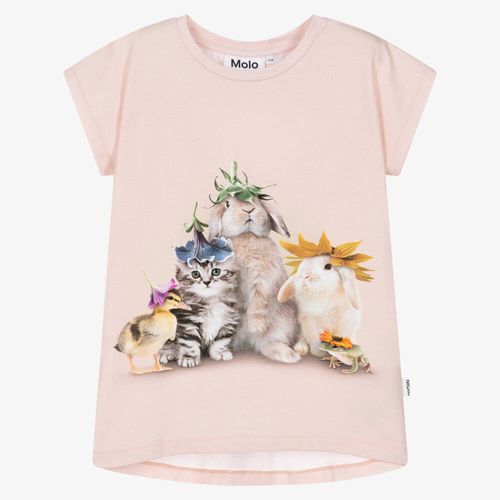 Molo-Girls Pale Pink Cotton T-Shirt with Animal Graphic Print | Childrensalon