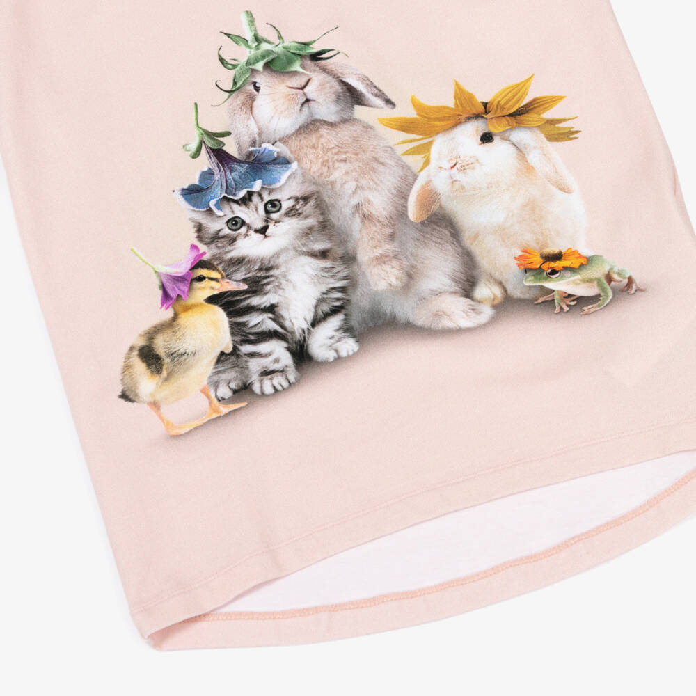 Molo-Girls Pale Pink Cotton T-Shirt with Animal Graphic Print | Childrensalon