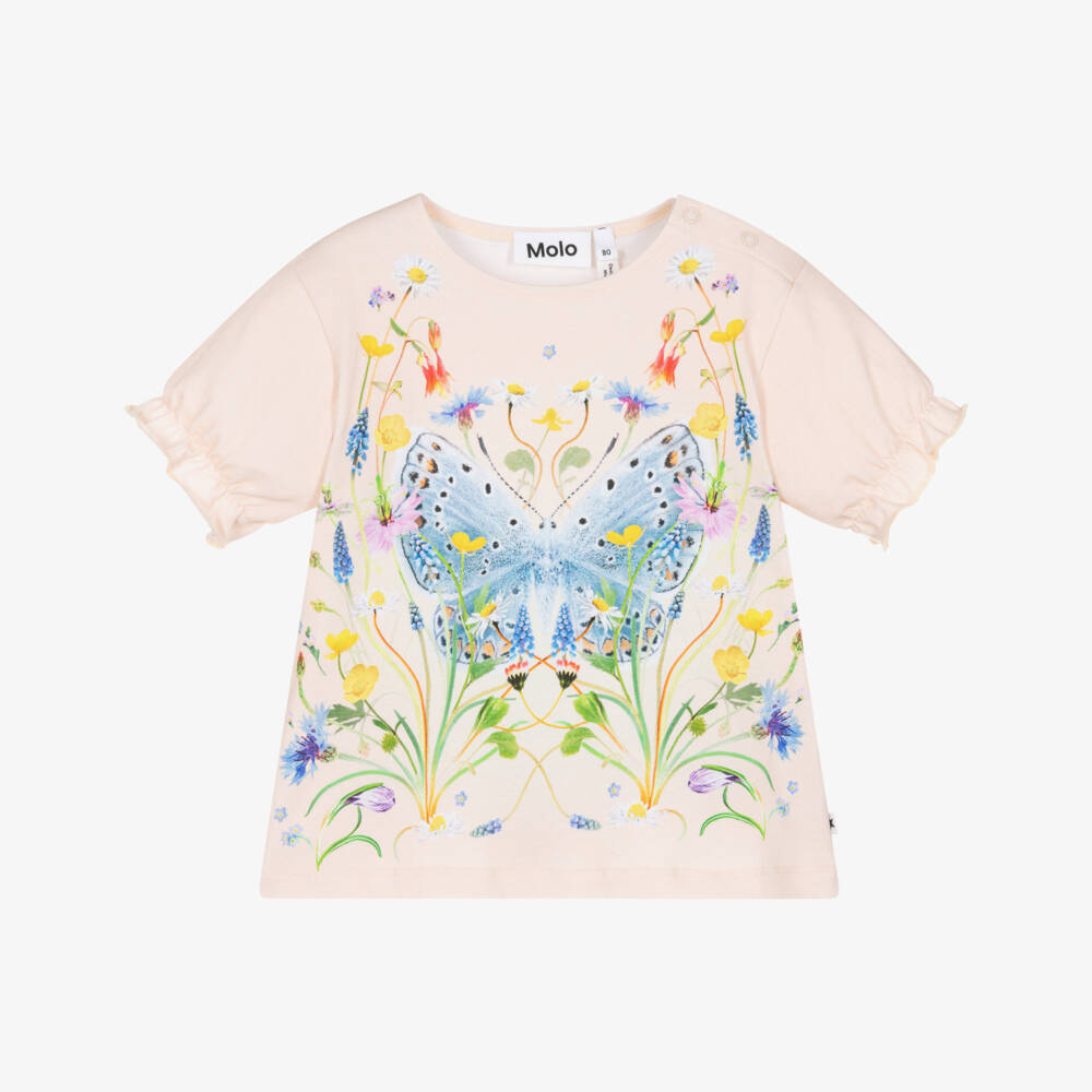 Molo-Girls Pale Pink Organic Cotton Butterfly T-Shirt | Childrensalon