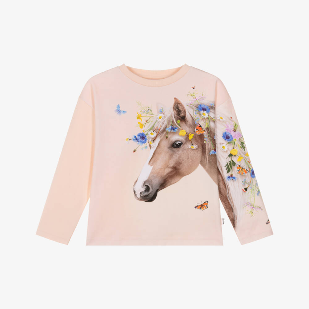 Molo-Girls Pale Pink Organic Cotton Sweatshirt with Horse Print | Childrensalon