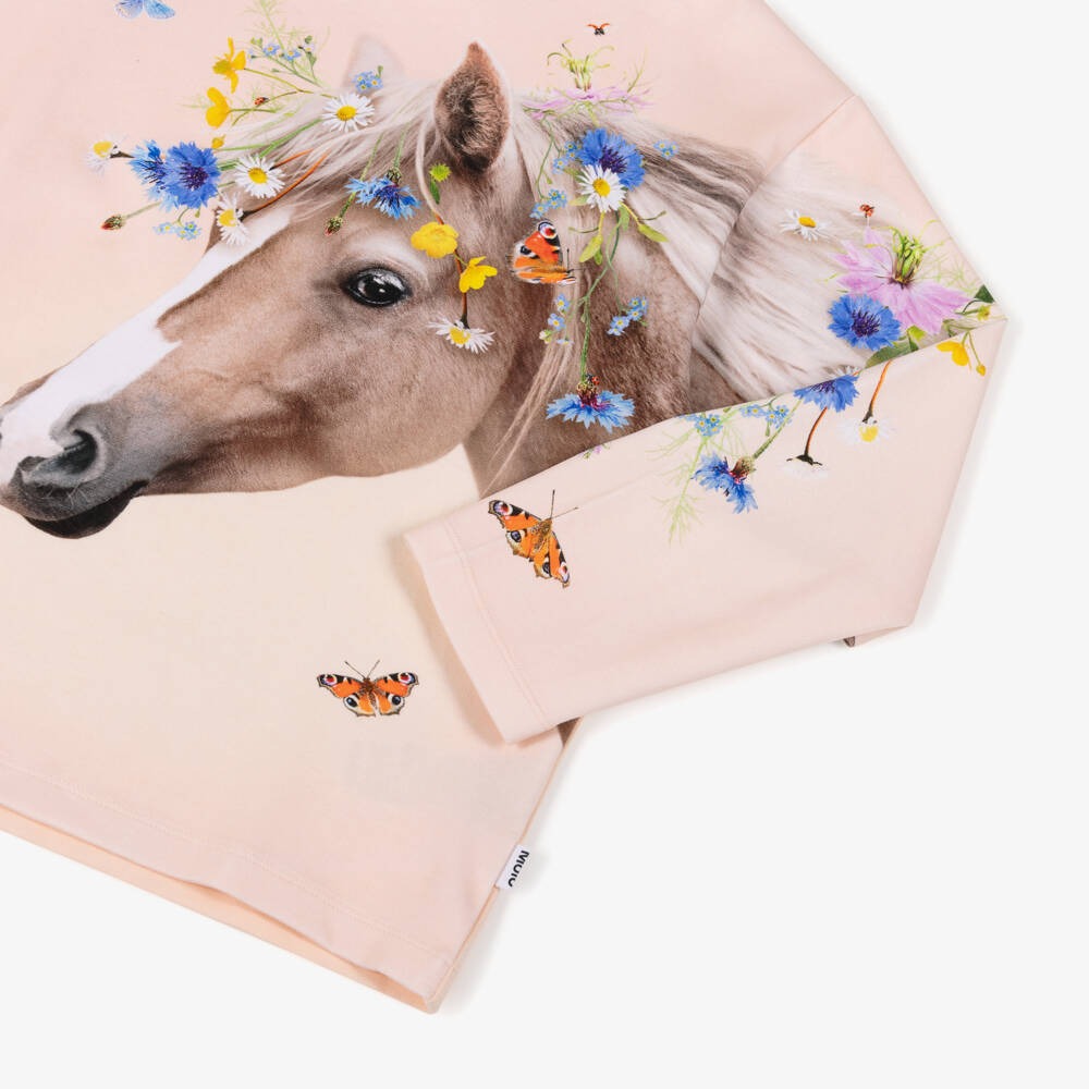 Molo-Girls Pale Pink Organic Cotton Sweatshirt with Horse Print | Childrensalon
