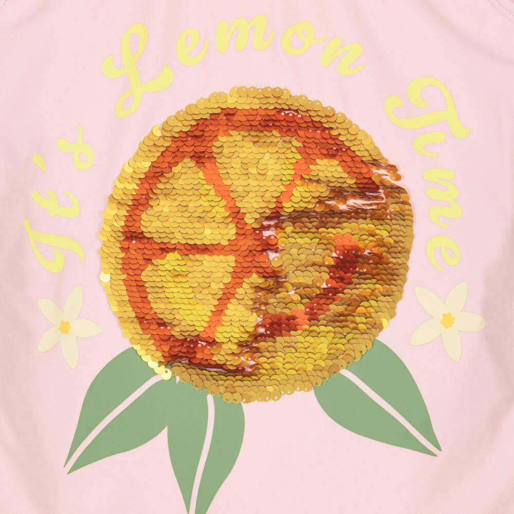 Molo-Girls Pale Pink Sequinned Smiling Lemon Swimsuit (UPF50+) | Childrensalon