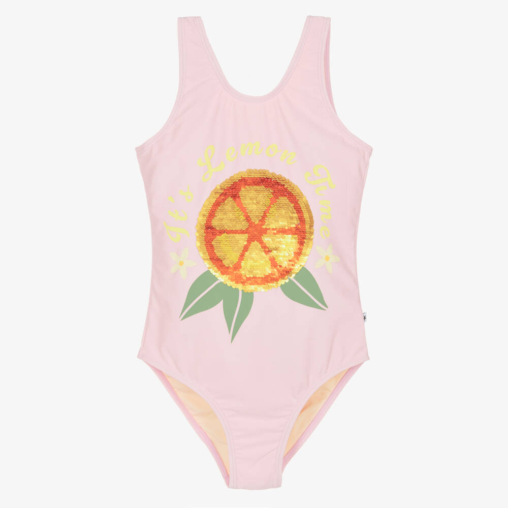 Molo-Girls Pale Pink Sequinned Smiling Lemon Swimsuit (UPF50+) | Childrensalon