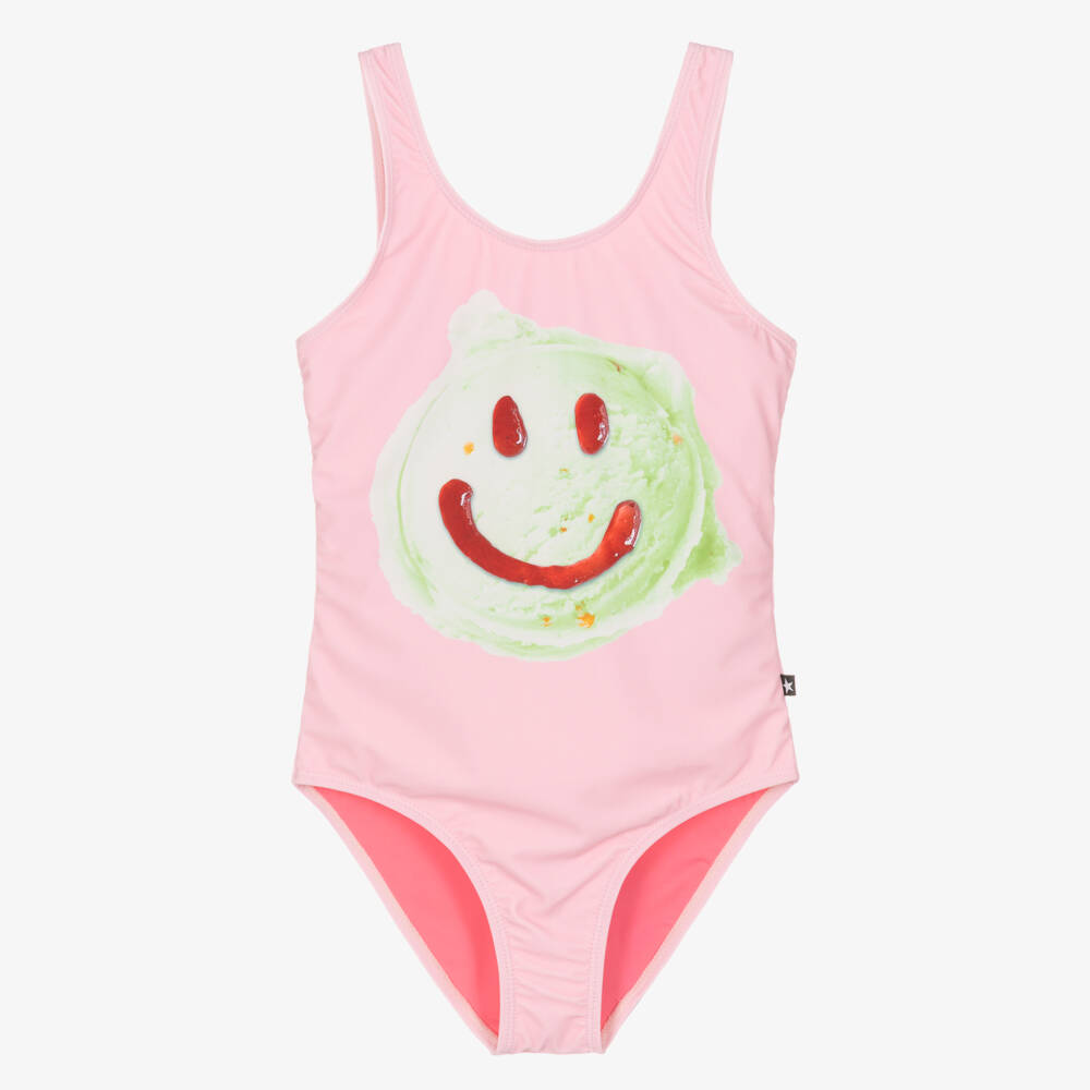 Molo-Girls Pale Pink Smiling Ice Cream Scoop Swimsuit (UPF50+) | Childrensalon