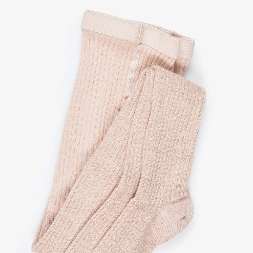 Molo-Girls Pale Pink Sparkly Ribbed Tights | Childrensalon