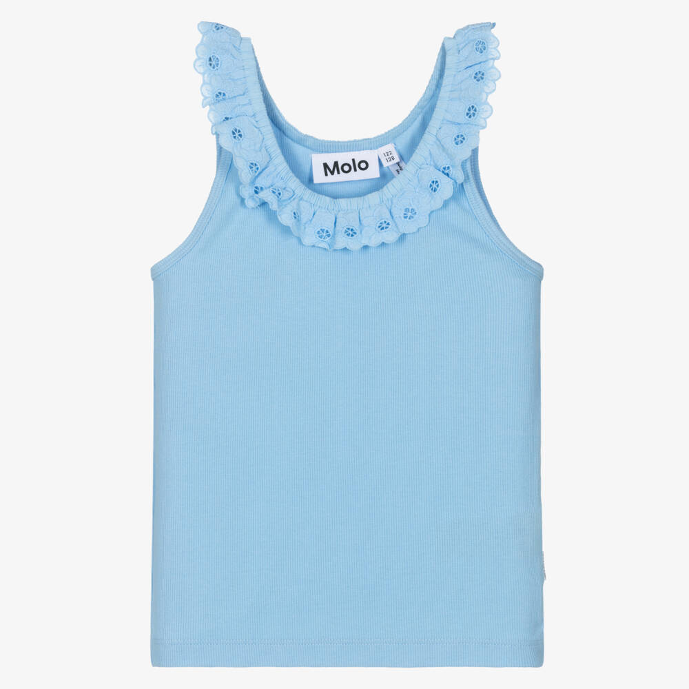 Molo-Girls Pastel Blue Organic Cotton Top with Floral Lace Trim | Childrensalon