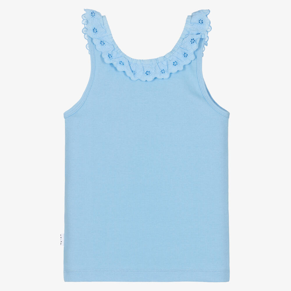 Molo-Girls Pastel Blue Organic Cotton Top with Floral Lace Trim | Childrensalon