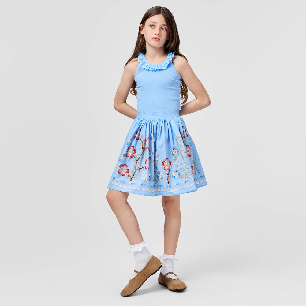 Molo-Girls Pastel Blue Organic Cotton Top with Floral Lace Trim | Childrensalon