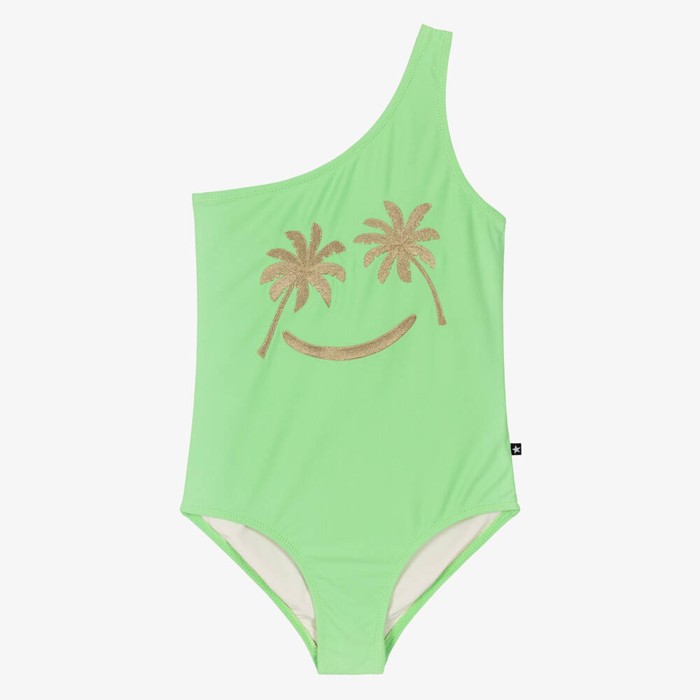 Molo-Girls Pastel Green Asymmetric Palm Tree Swimsuit (UPF50+) | Childrensalon