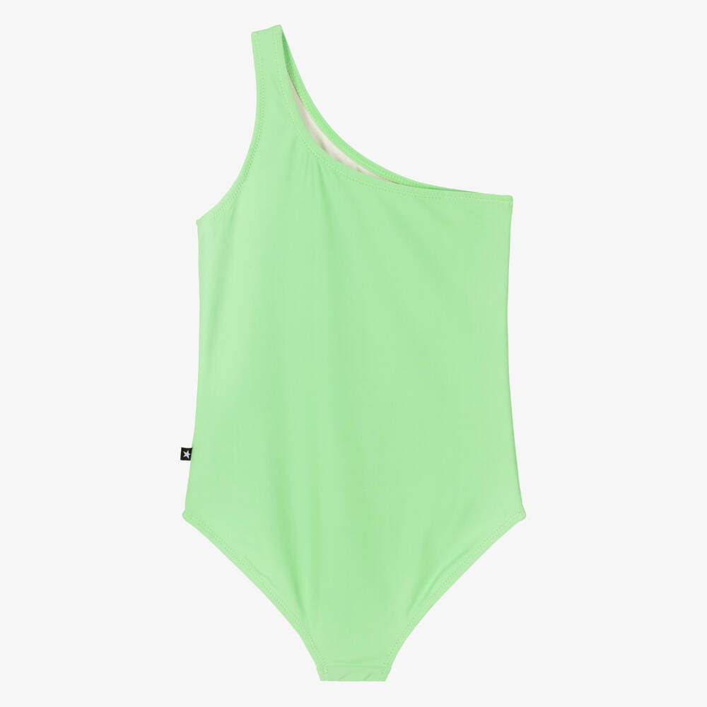 Molo-Girls Pastel Green Asymmetric Palm Tree Swimsuit (UPF50+) | Childrensalon