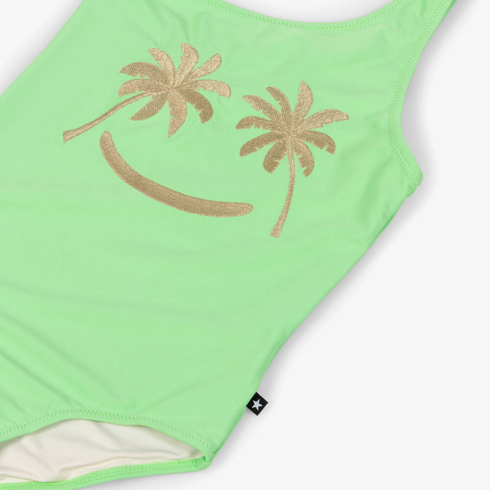 Molo-Girls Pastel Green Asymmetric Palm Tree Swimsuit (UPF50+) | Childrensalon
