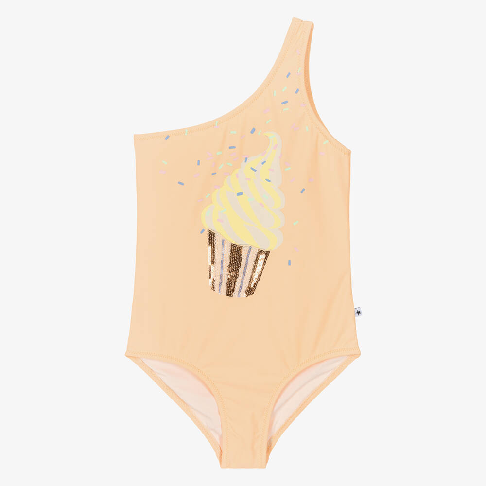 Molo-Girls Pastel Orange Asymmetric Ice Cream Swimsuit (UPF50+) | Childrensalon