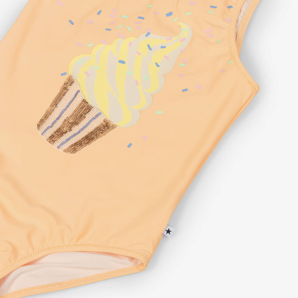 Molo-Girls Pastel Orange Asymmetric Ice Cream Swimsuit (UPF50+) | Childrensalon