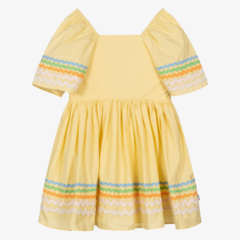 Molo-Girls Pastel Yellow Dress with Ric Rac Trims | Childrensalon