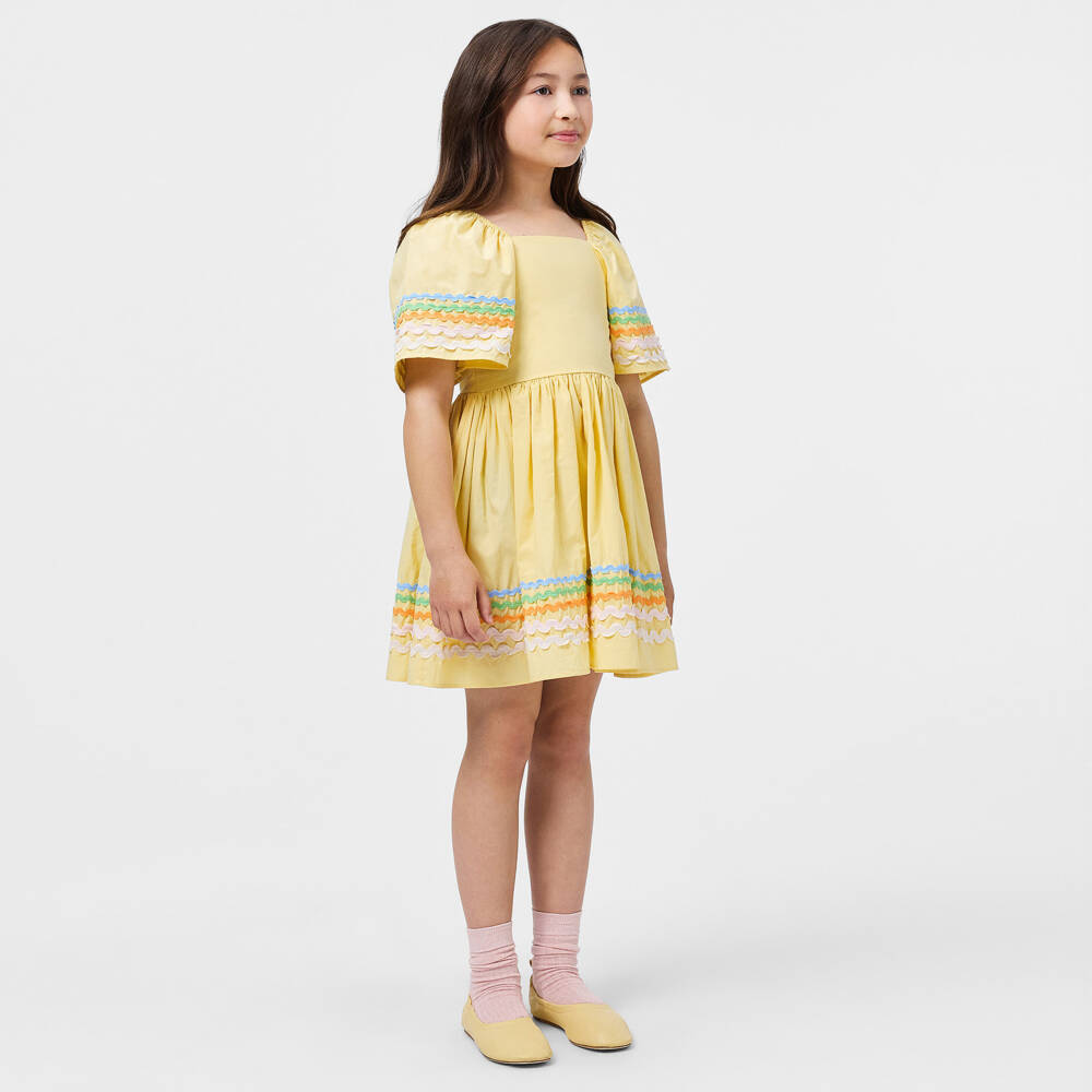 Molo-Girls Pastel Yellow Dress with Ric Rac Trims | Childrensalon