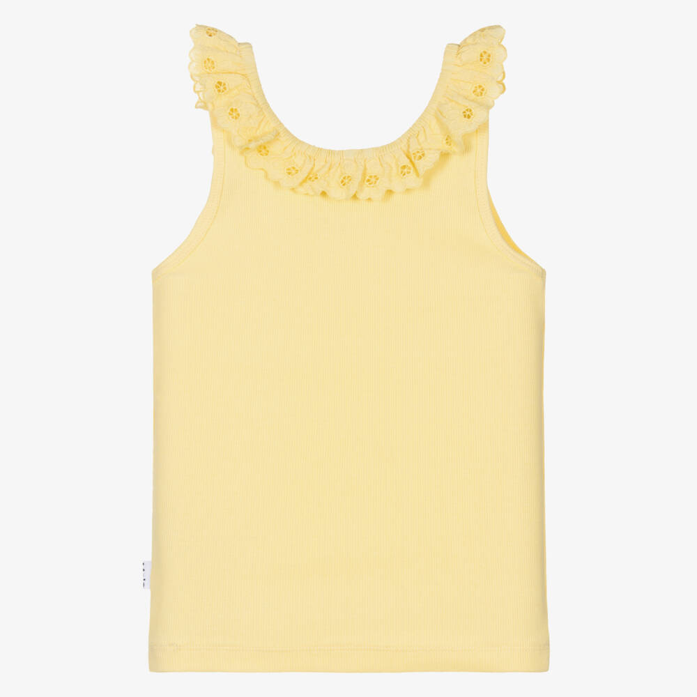 Molo-Girls Pastel Yellow Organic Cotton Top with Floral Lace Trim | Childrensalon
