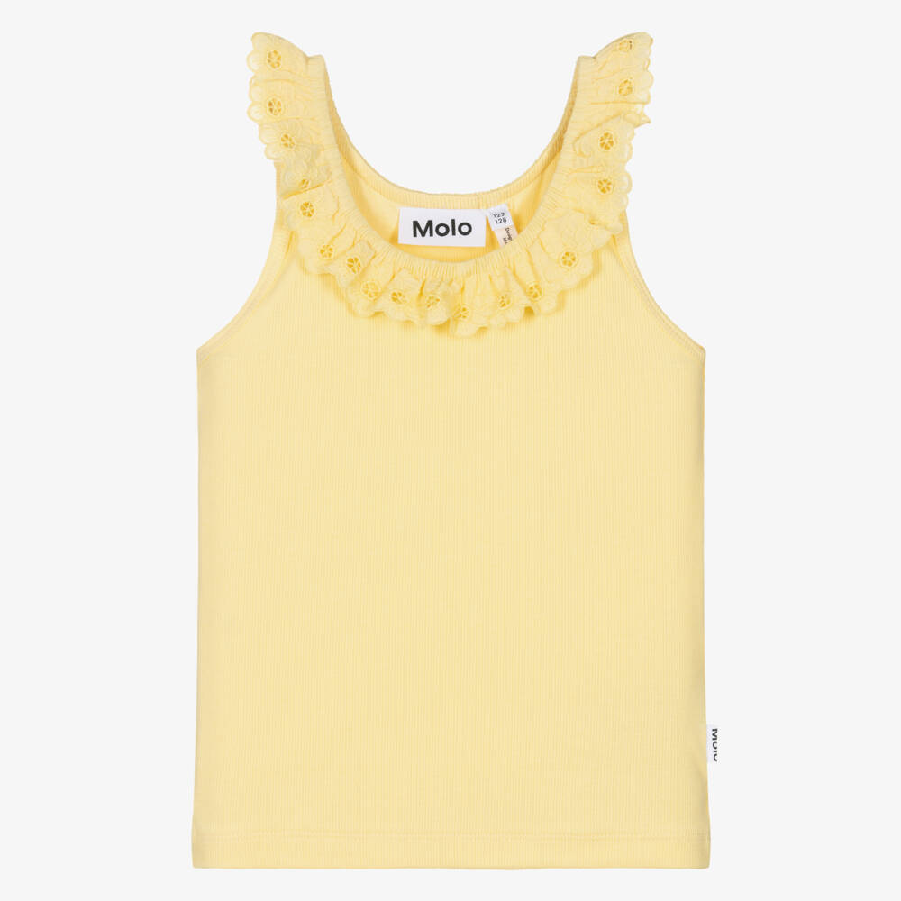 Molo-Girls Pastel Yellow Organic Cotton Top with Floral Lace Trim | Childrensalon
