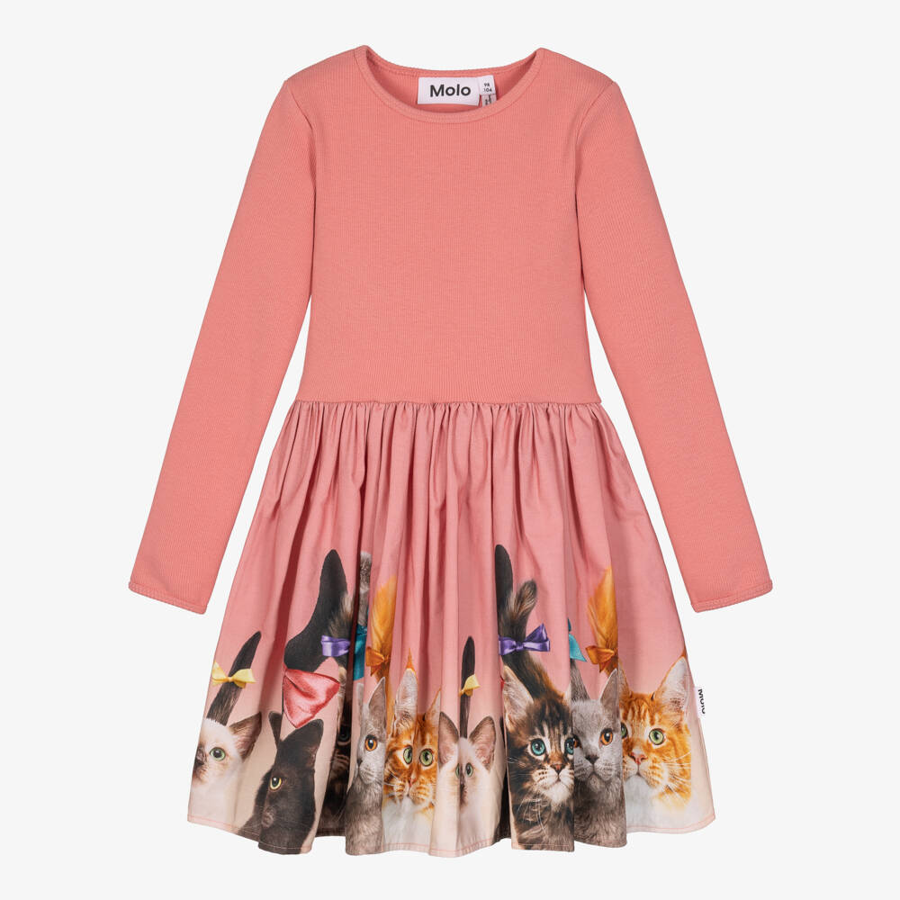 Molo-Girls Peach Pink Cat Print Dress | Childrensalon