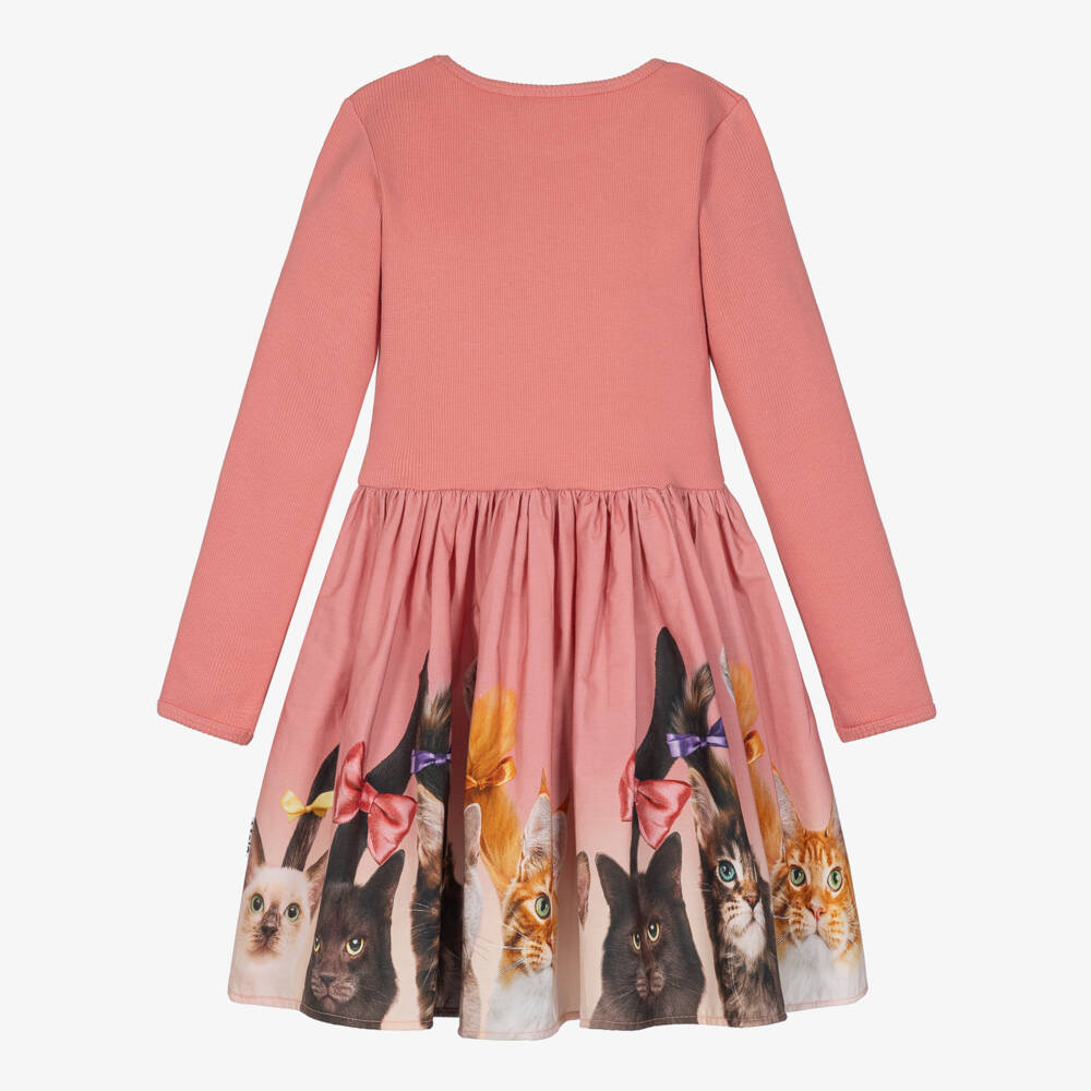Molo-Girls Peach Pink Cat Print Dress | Childrensalon