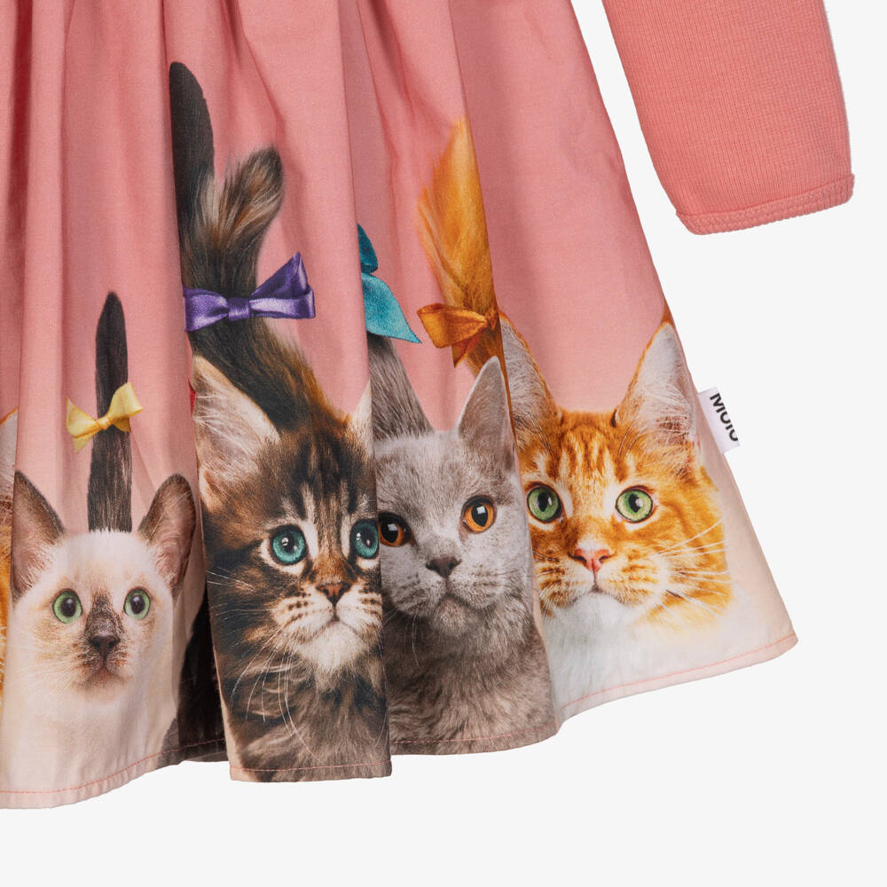 Molo-Girls Peach Pink Cat Print Dress | Childrensalon