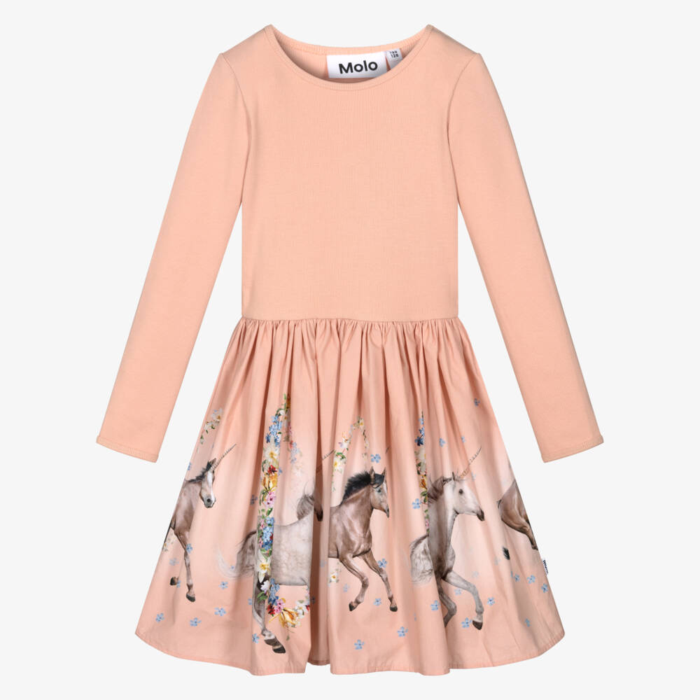 Molo-Girls Peach Pink Cotton Unicorn Print Dress | Childrensalon