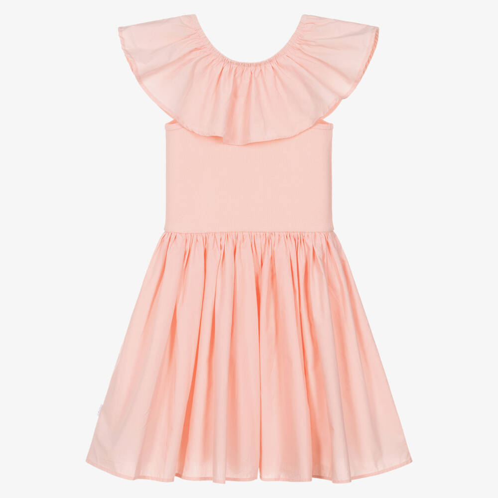 Molo-Girls Peach Pink Organic Cotton Ruffle Shoulder Dress | Childrensalon