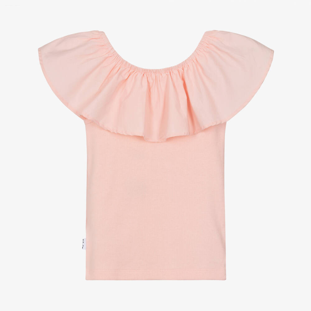 Molo-Girls Peach Pink Organic Cotton Ruffle Shoulder Top | Childrensalon