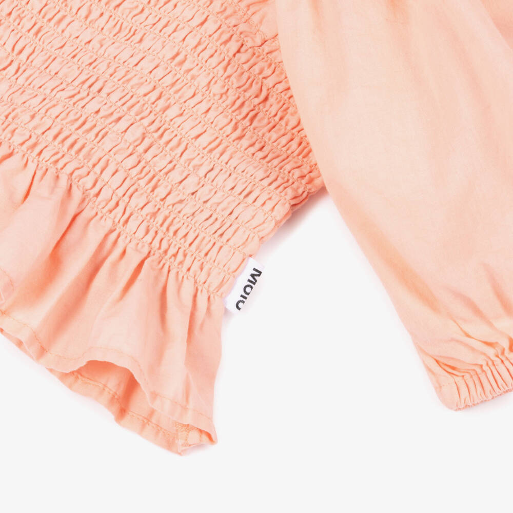 Molo-Girls Peach Pink Puff Sleeve Cotton Blouse | Childrensalon