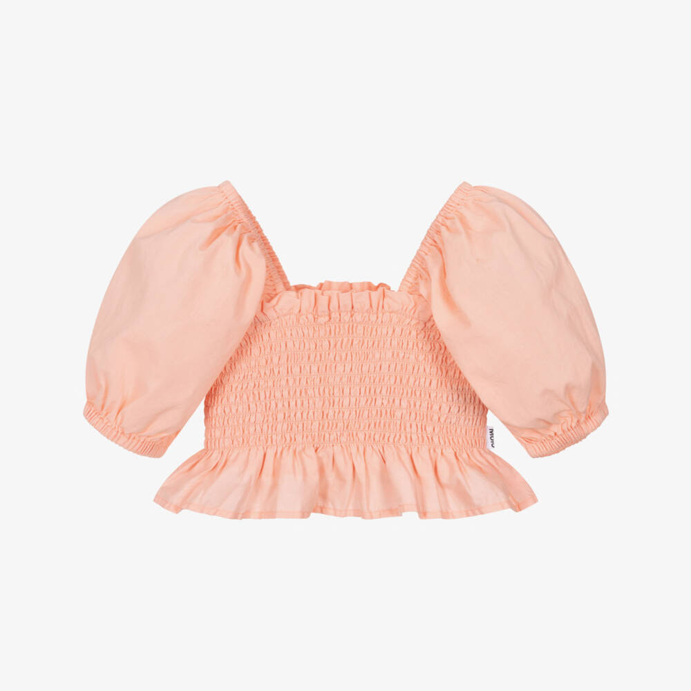 Molo-Girls Peach Pink Puff Sleeve Cotton Blouse | Childrensalon