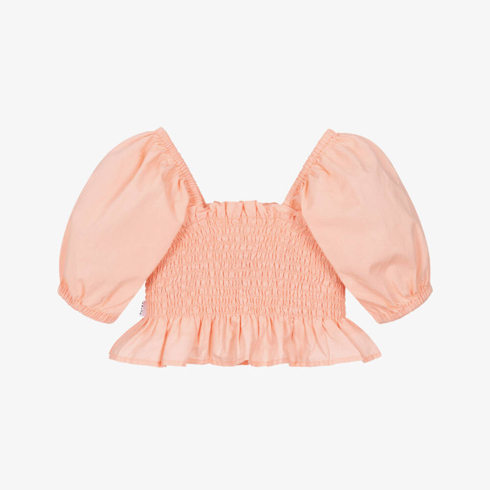 Molo-Girls Peach Pink Puff Sleeve Cotton Blouse | Childrensalon