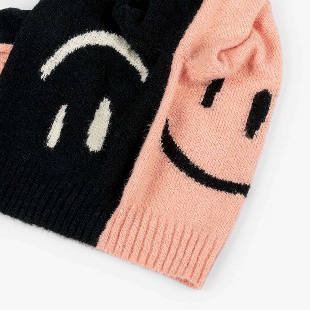 Molo-Girls Pink & Black Smiling Face Wool Sweater | Childrensalon