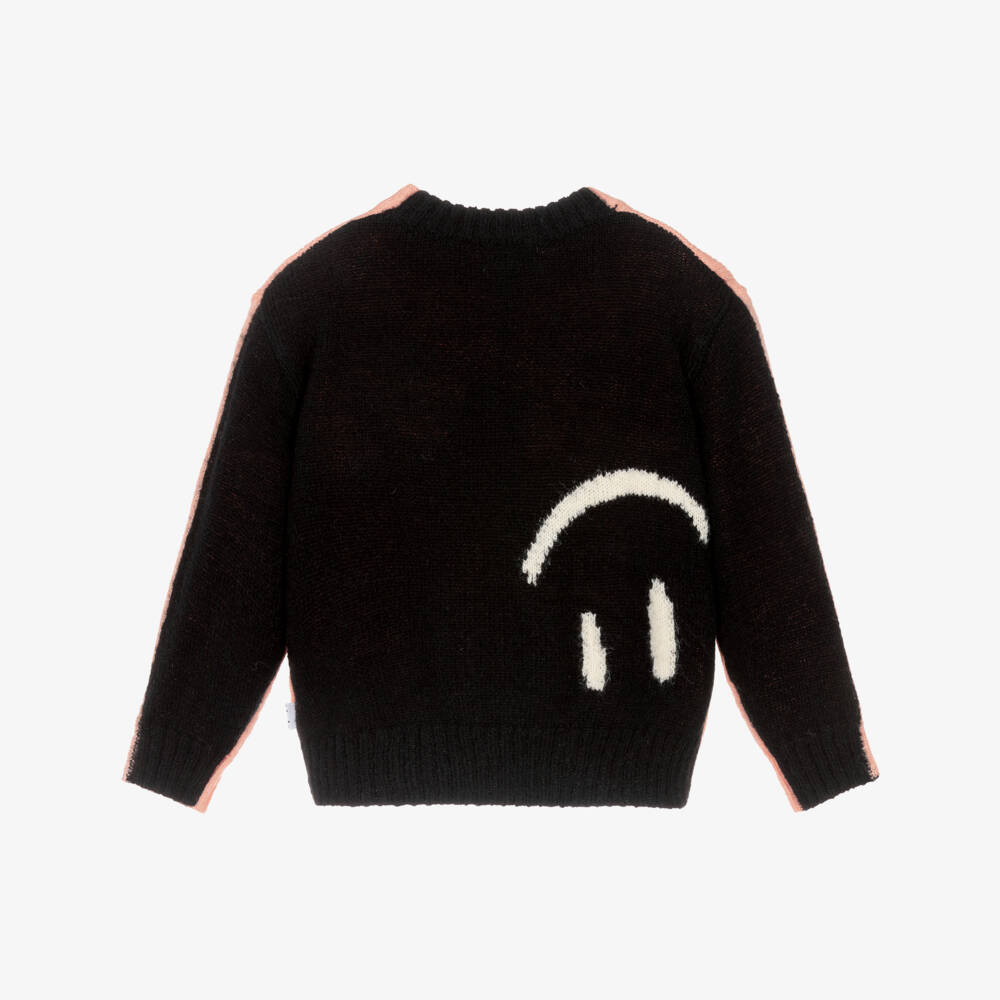 Molo-Girls Pink & Black Smiling Face Wool Sweater | Childrensalon