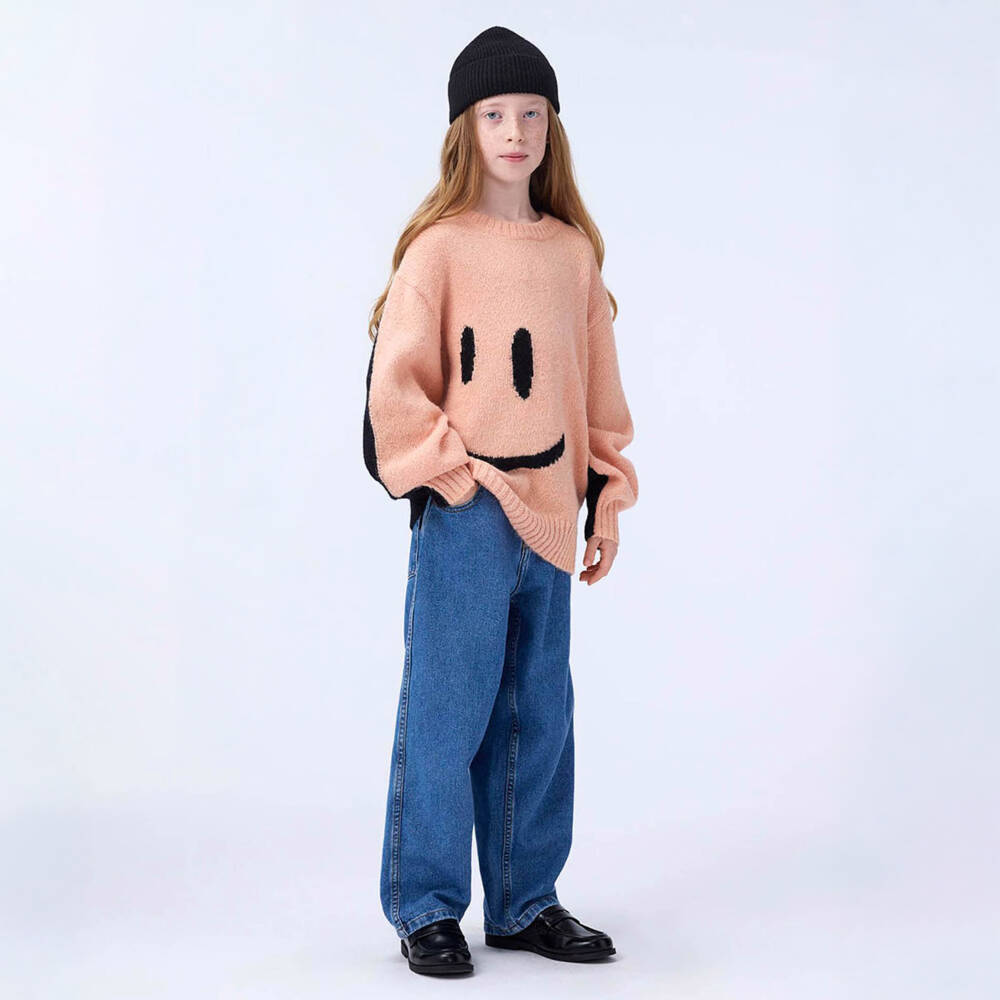 Molo-Girls Pink & Black Smiling Face Wool Sweater | Childrensalon