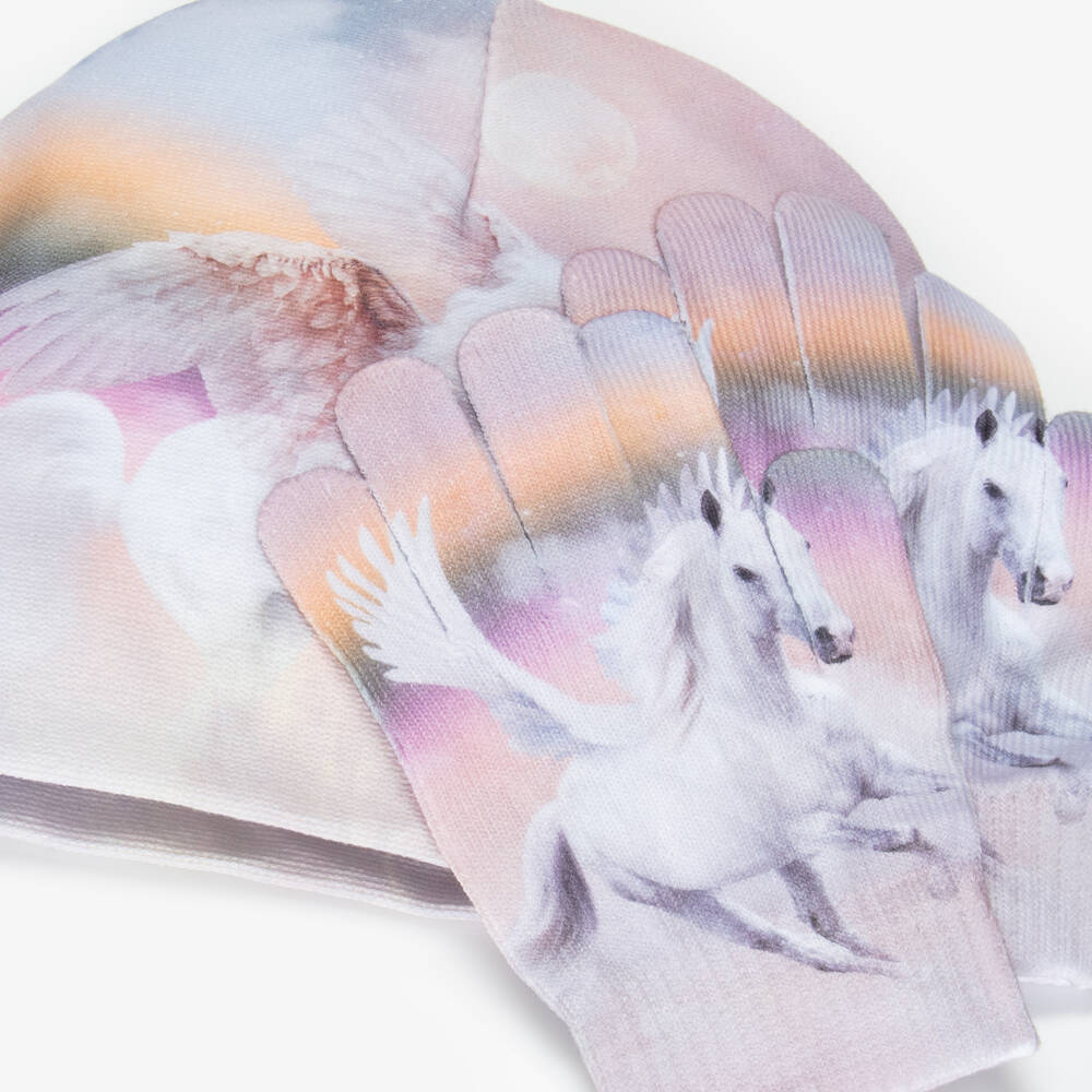 Molo-Girls Pink & Blue Pegasus Hat & Gloves Set | Childrensalon