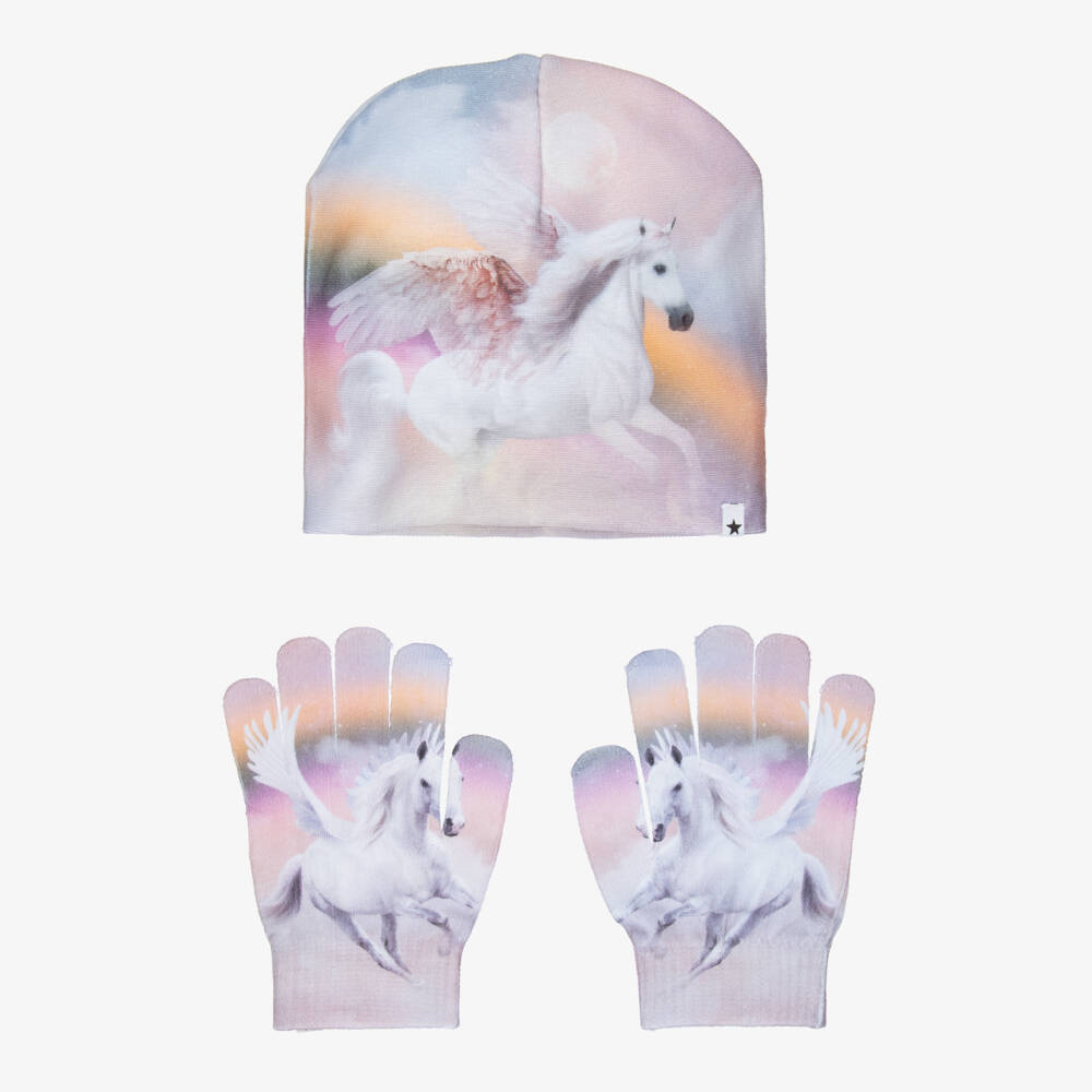 Molo-Girls Pink & Blue Pegasus Hat & Gloves Set | Childrensalon