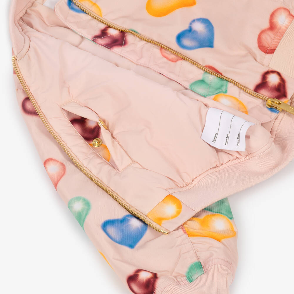 Molo-Girls Pink Bomber Jacket with Colourful Hearts | Childrensalon