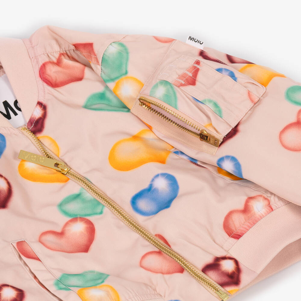 Molo-Girls Pink Bomber Jacket with Colourful Hearts | Childrensalon