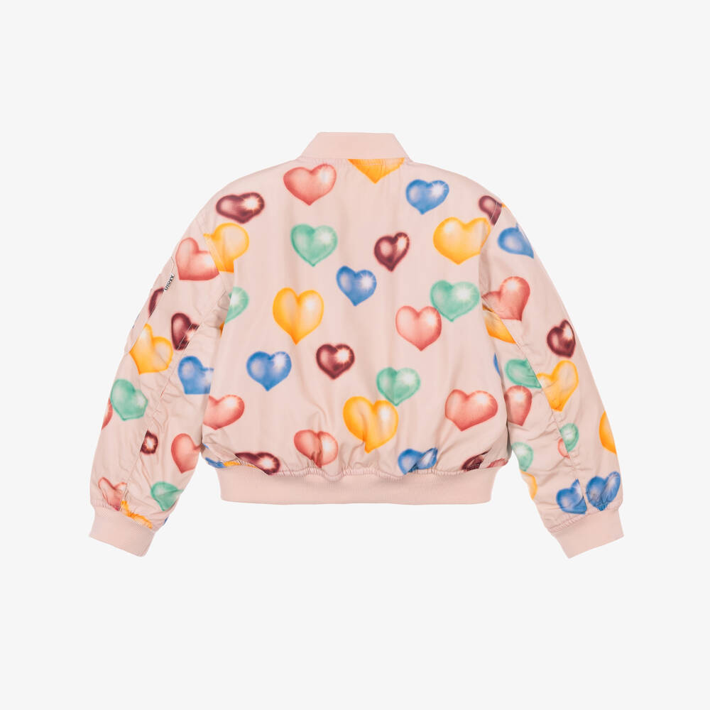 Molo-Girls Pink Bomber Jacket with Colourful Hearts | Childrensalon