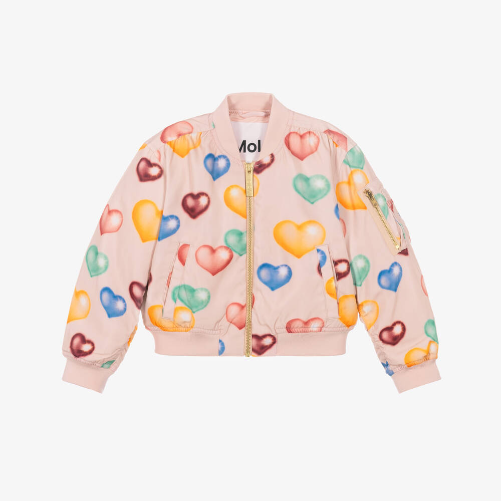 Molo-Girls Pink Bomber Jacket with Colourful Hearts | Childrensalon