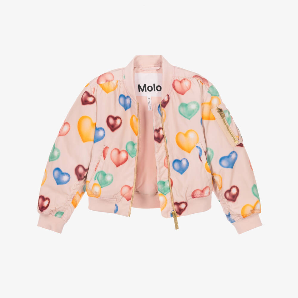 Molo-Girls Pink Bomber Jacket with Colourful Hearts | Childrensalon