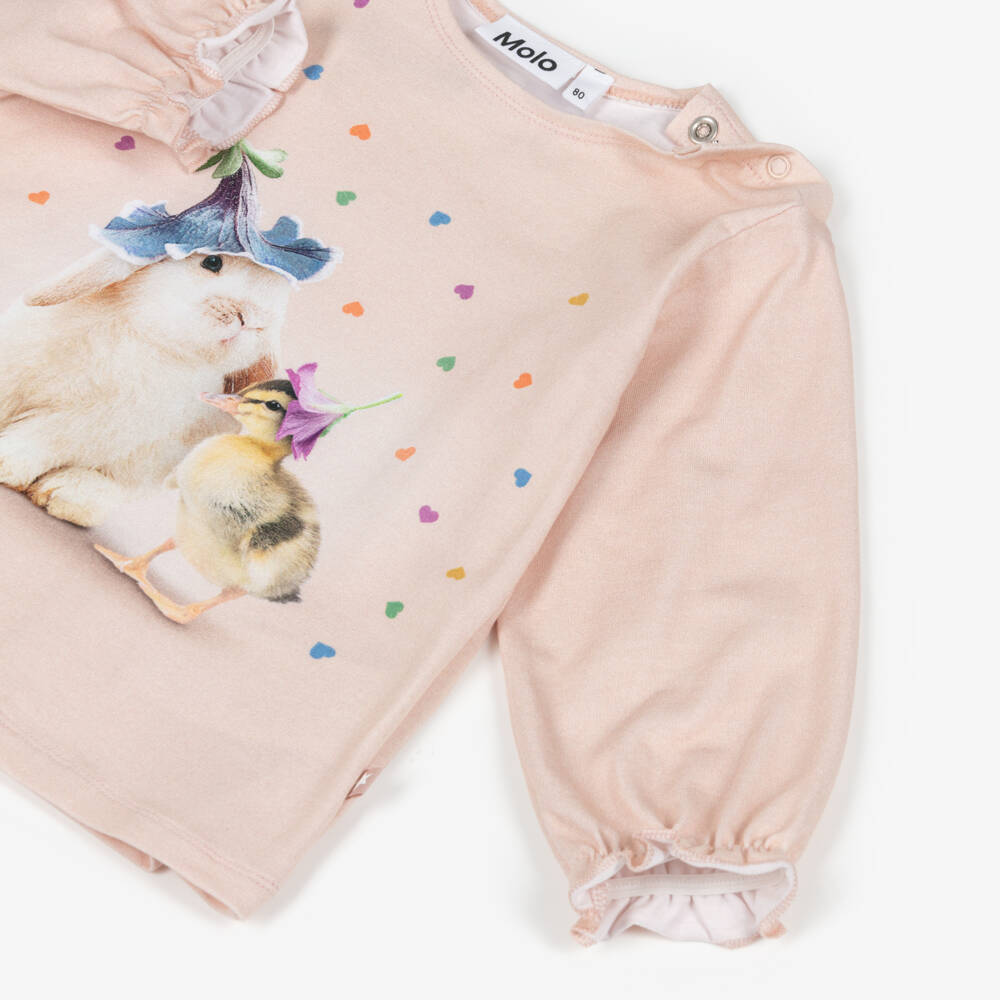 Molo-Girls Pink Bunny & Duckling Print Organic Cotton Top | Childrensalon
