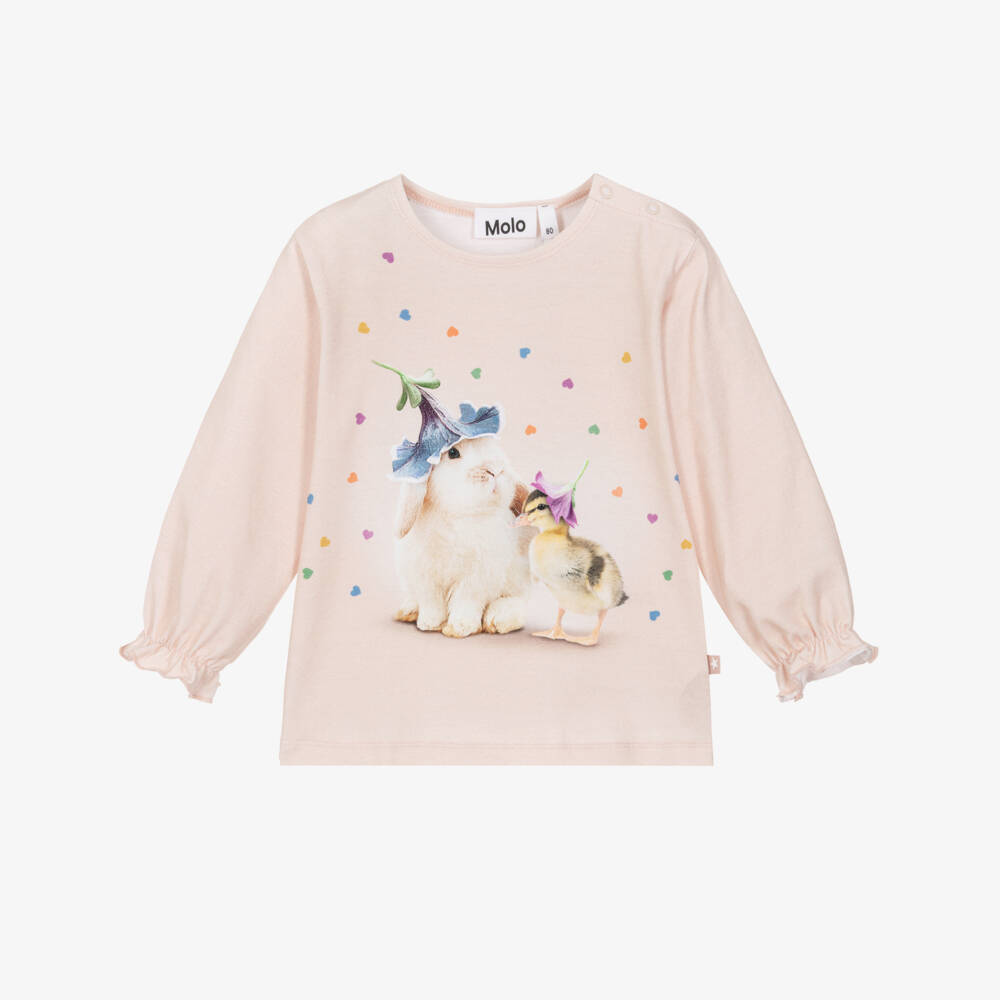 Molo-Girls Pink Bunny & Duckling Print Organic Cotton Top | Childrensalon
