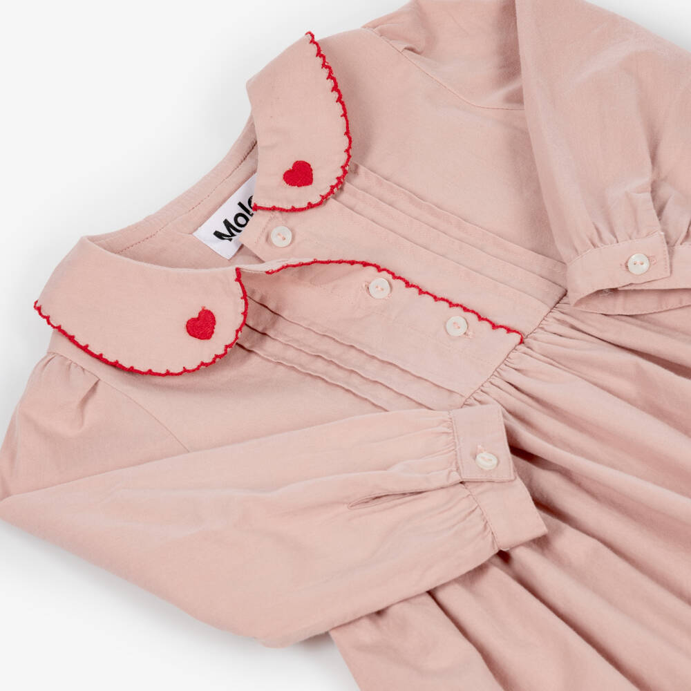 Molo-Girls Pink Cotton Dress with Heart Embroidery | Childrensalon