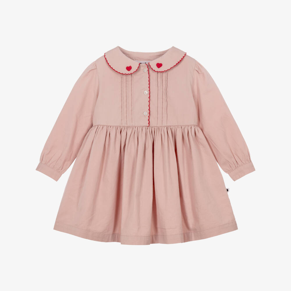 Molo-Girls Pink Cotton Dress with Heart Embroidery | Childrensalon