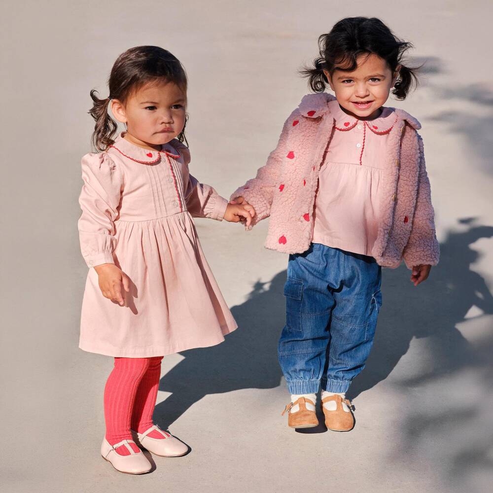 Molo-Girls Pink Cotton Dress with Heart Embroidery | Childrensalon
