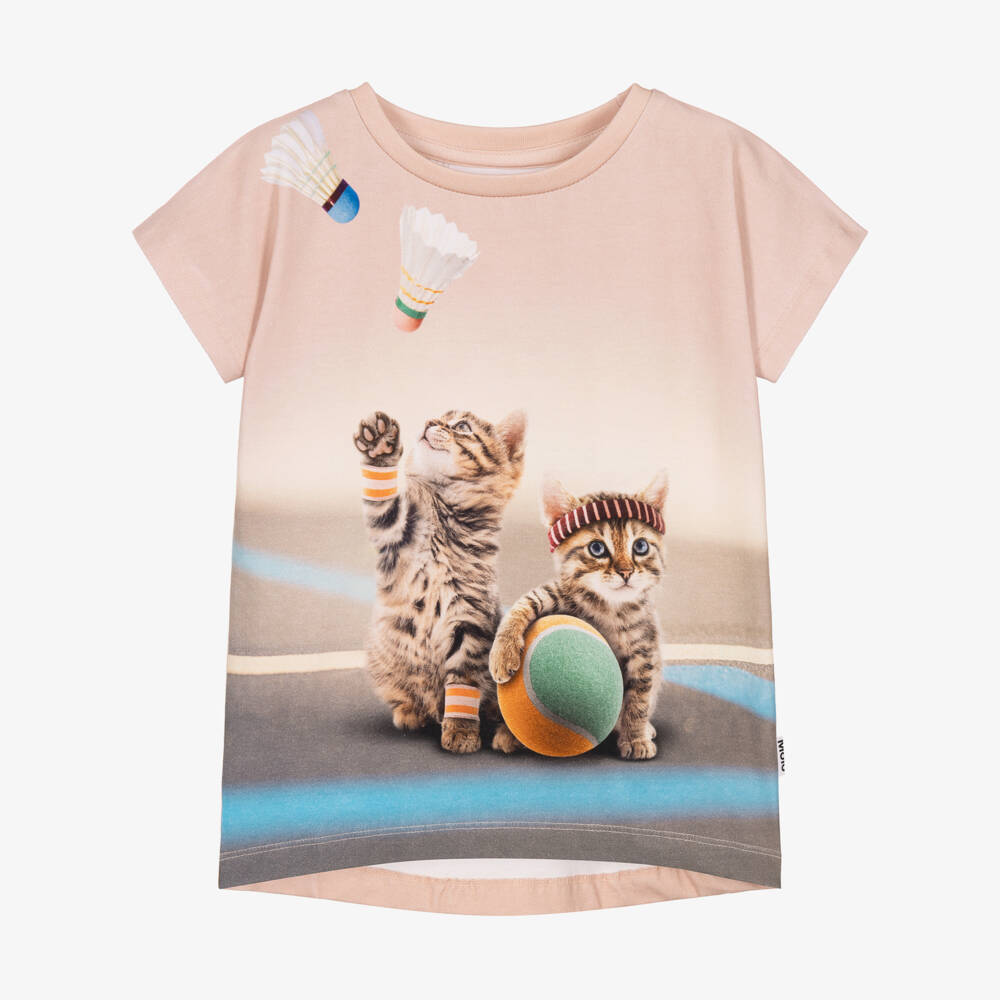 Molo-Girls Pink Cotton Kitten Print T-Shirt  | Childrensalon