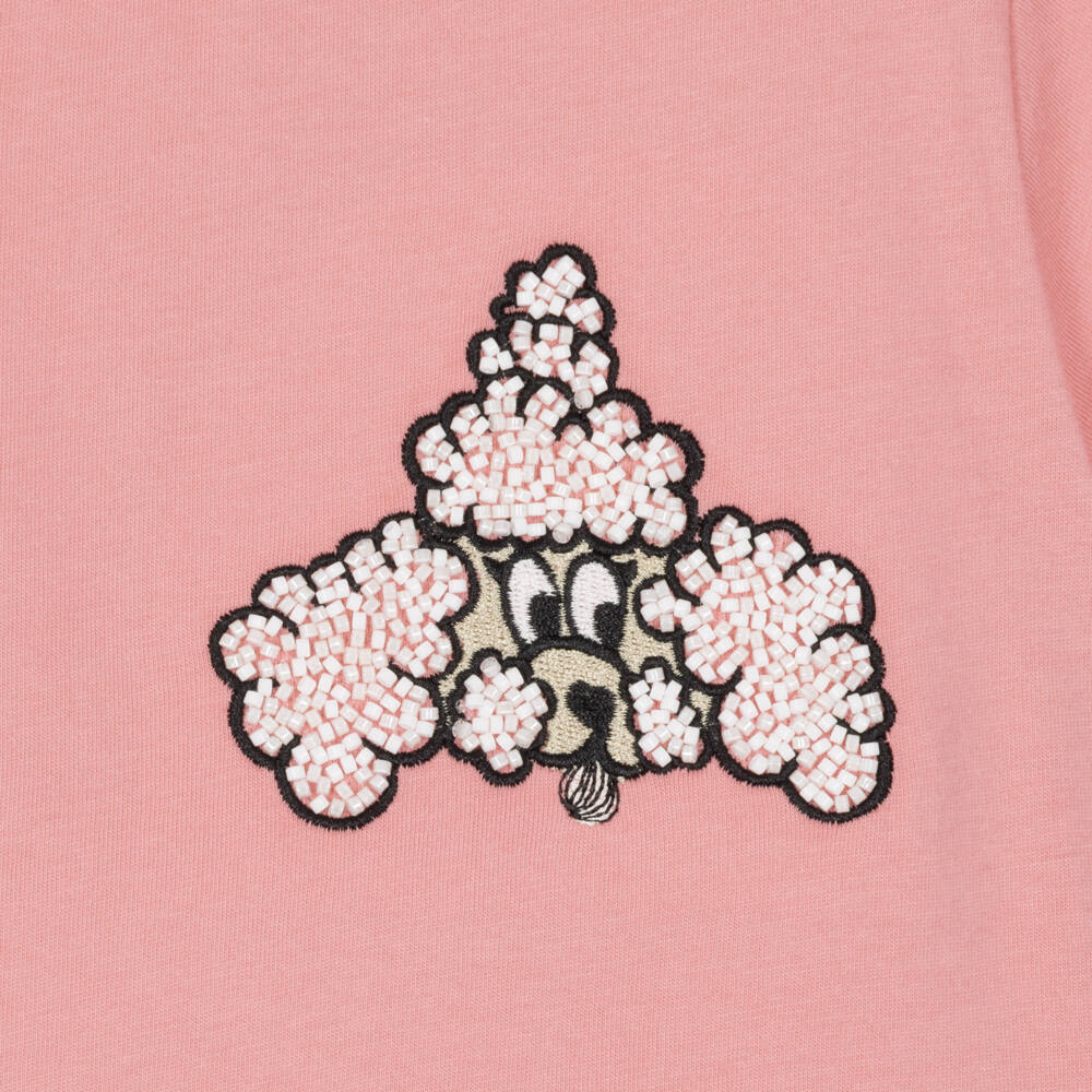 Molo-Girls Pink Cotton T-Shirt with Beaded Poodle | Childrensalon